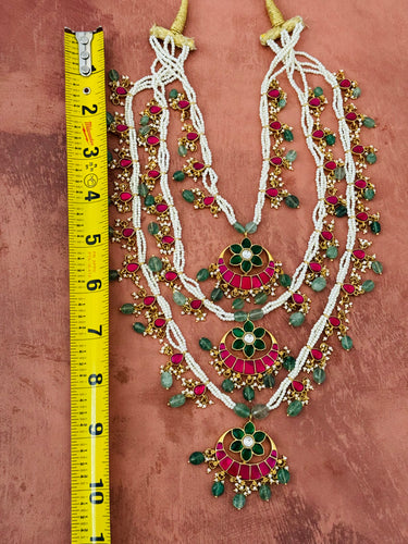 Jadau Kundan Tiered Long Chain Set | 3-Tier |Real Kemp Stones | Faux Pearl Beads Chain | Gold Polish | Free Shipping | Ships from California